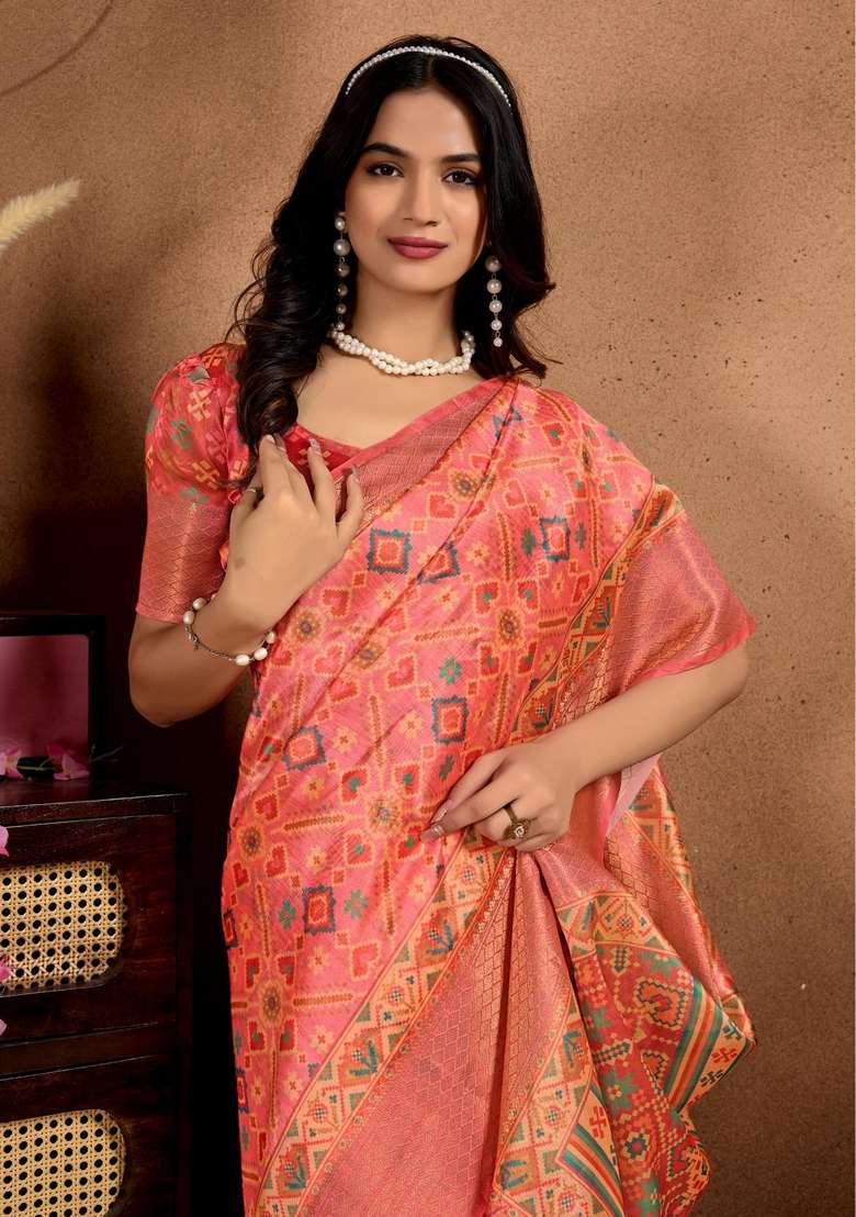 Orange Zari Work Silk Blend Saree Set for Diwali and Festive Wear - Indya
