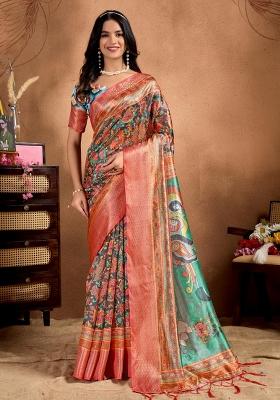 Orange Zari Work Silk Blend Saree Set