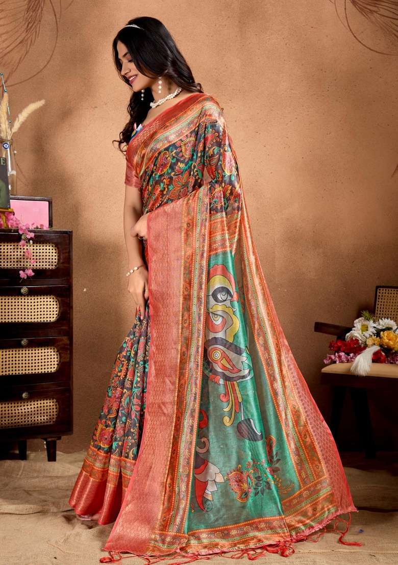 Orange Silk Blend Saree Set with Zari Work for Diwali | Wedding & Festive Wear - Indya