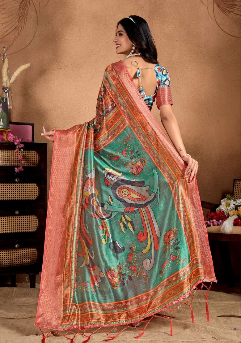 Orange Silk Blend Saree Set with Zari Work for Diwali | Wedding & Festive Wear - Indya