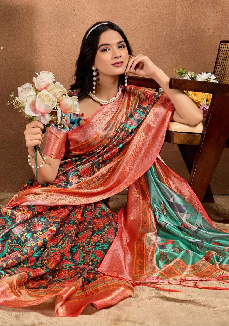 Orange Silk Blend Saree Set with Zari Work for Diwali | Wedding & Festive Wear - Indya