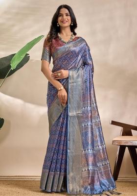 Royal Blue Zari Work Silk Blend Saree Set
