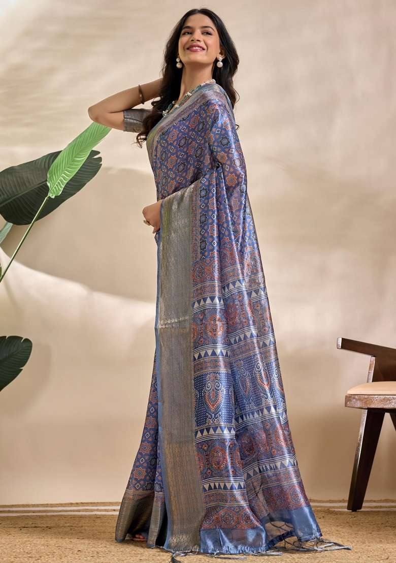 Royal Blue Silk Blend Saree Set with Zari Work for Diwali | Wedding & Festive Wear - Indya