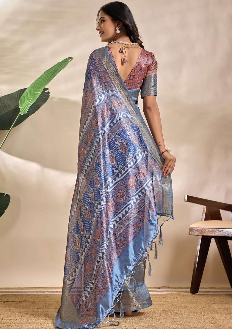 Royal Blue Silk Blend Saree Set with Zari Work for Diwali | Wedding & Festive Wear - Indya