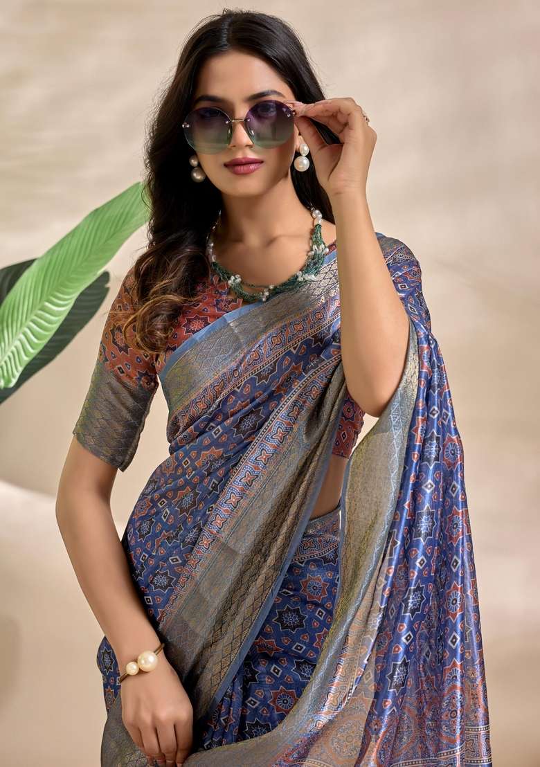 Royal Blue Silk Blend Saree Set with Zari Work for Diwali | Wedding & Festive Wear - Indya