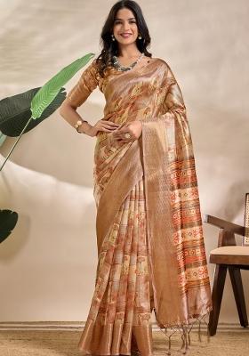 Golden Zari Work Silk Blend Saree Set