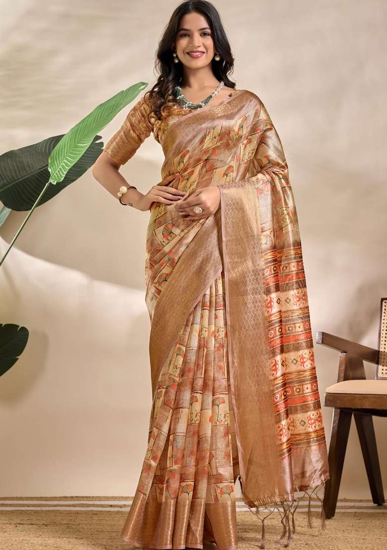 Golden Silk Blend Saree Set with Zari Work for Diwali | Wedding & Festive Wear - Indya