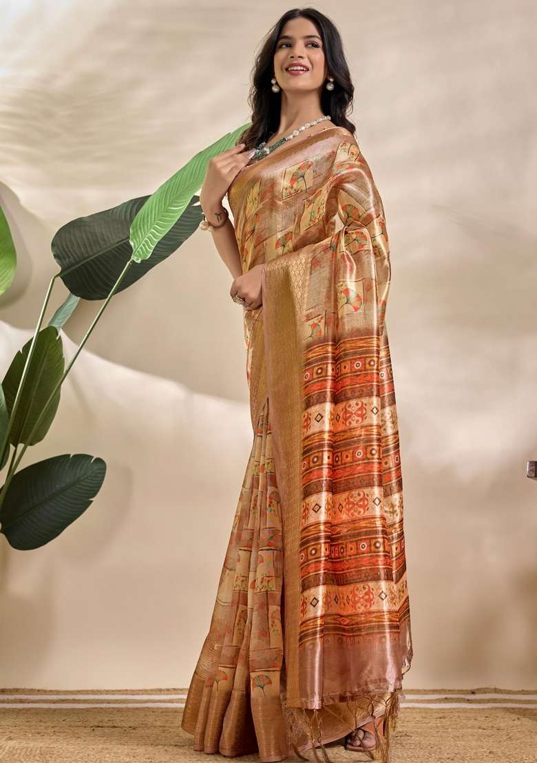 Golden Silk Blend Saree Set with Zari Work for Diwali | Wedding & Festive Wear - Indya
