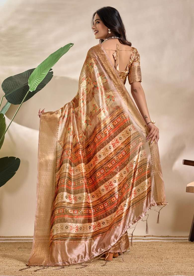 Golden Silk Blend Saree Set with Zari Work for Diwali | Wedding & Festive Wear - Indya