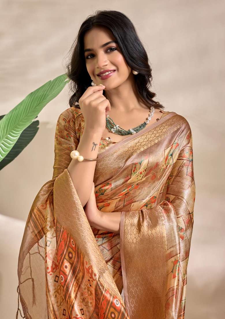 Golden Silk Blend Saree Set with Zari Work for Diwali | Wedding & Festive Wear - Indya