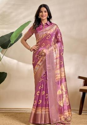 Baby Pink Zari Work Silk Blend Saree Set
