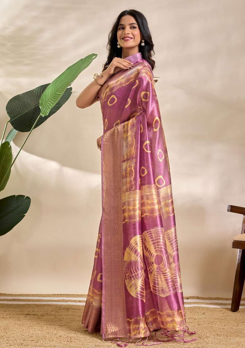 Baby Pink Zari Work Silk Blend Saree Set for Diwali and Festive Wear - Indya