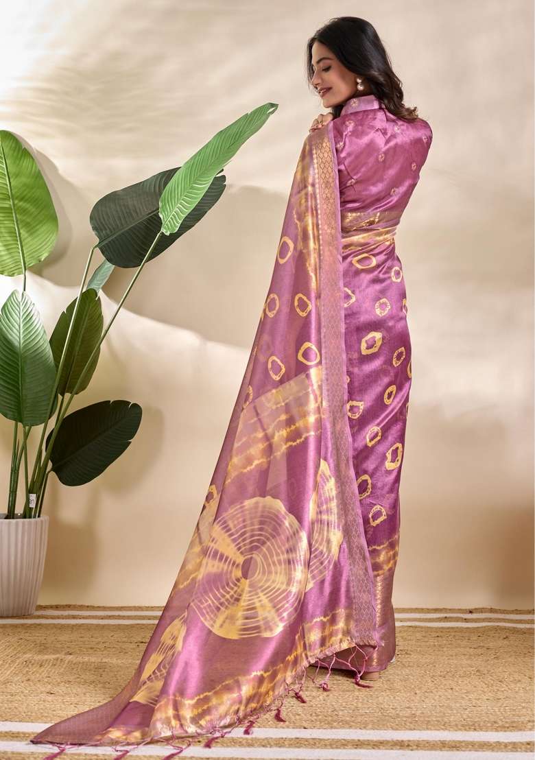 Baby Pink Zari Work Silk Blend Saree Set for Diwali and Festive Wear - Indya