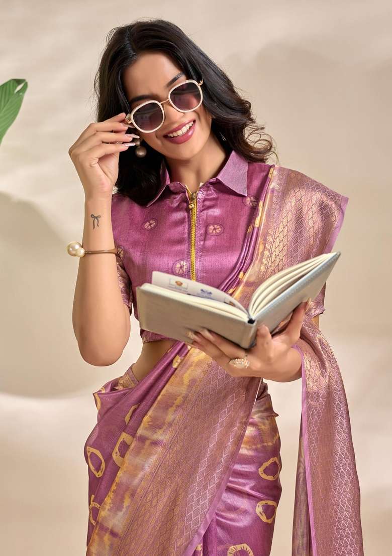 Baby Pink Zari Work Silk Blend Saree Set for Diwali and Festive Wear - Indya