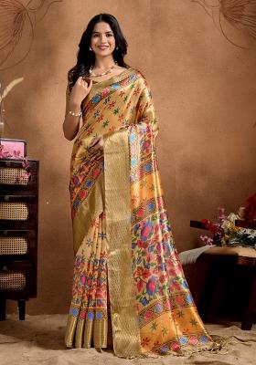Yellow Zari Work Silk Blend Saree Set