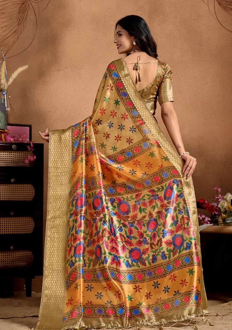 Yellow Zari Work Silk Blend Saree Set for Diwali and Festive Wear - Indya