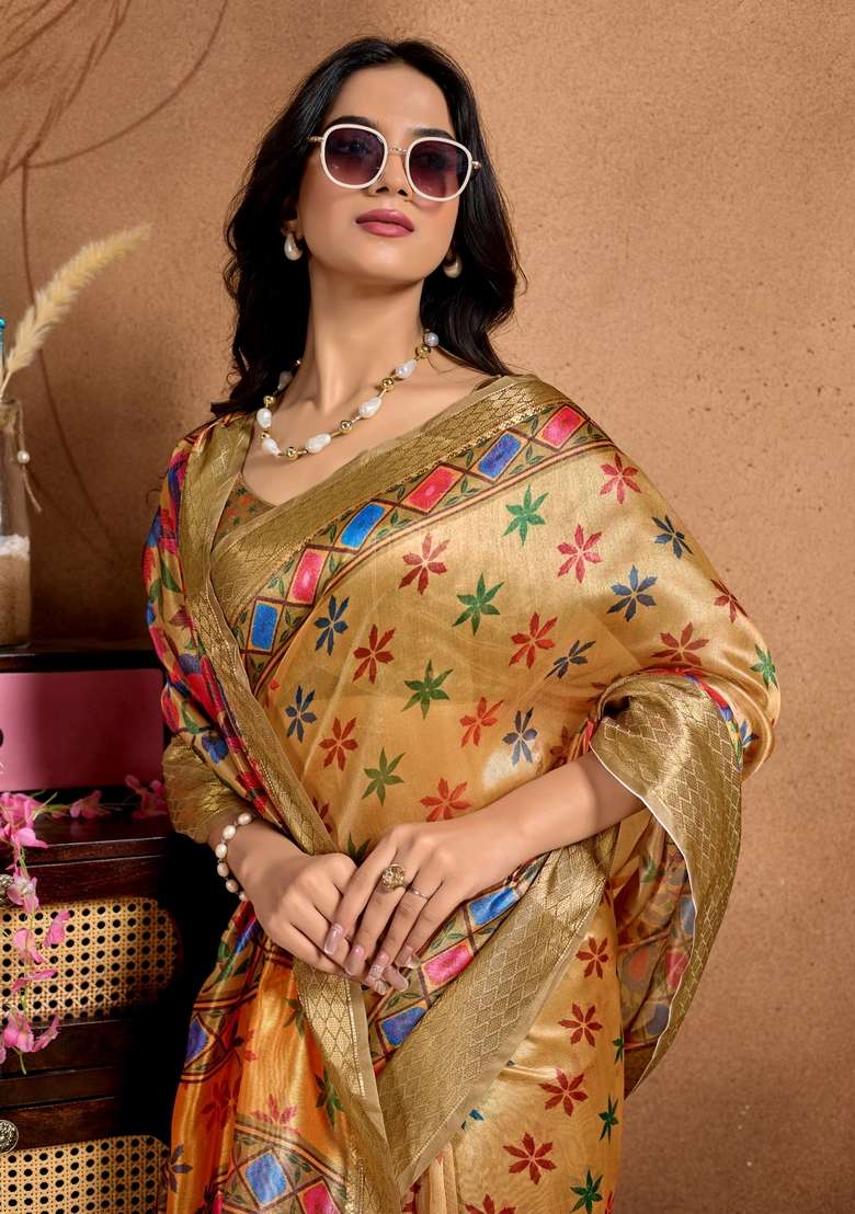 Yellow Zari Work Silk Blend Saree Set for Diwali and Festive Wear - Indya