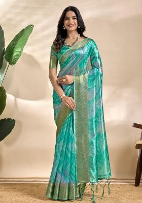 Rama Green Zari Work Silk Blend Saree Set