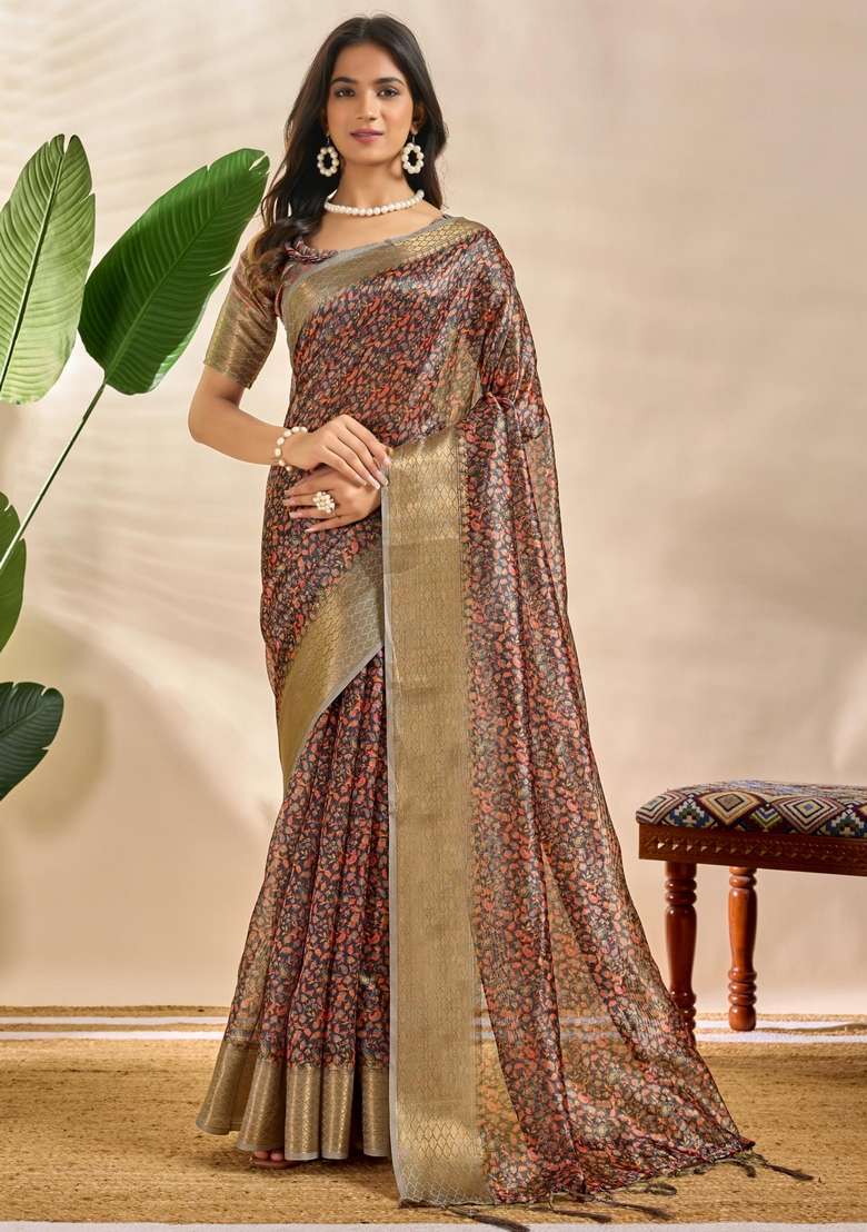Multicolor Zari Work Silk Blend Saree Set for Diwali and Festive Wear - Indya