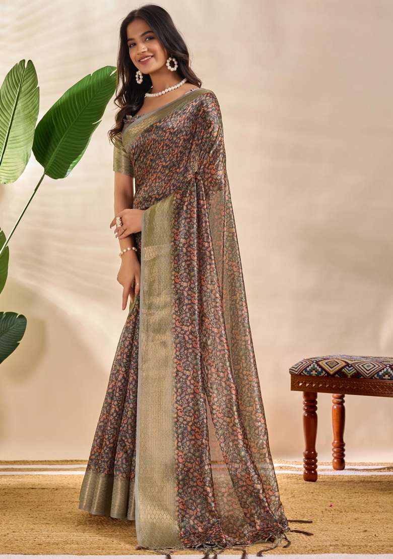 Multicolor Zari Work Silk Blend Saree Set for Diwali and Festive Wear - Indya