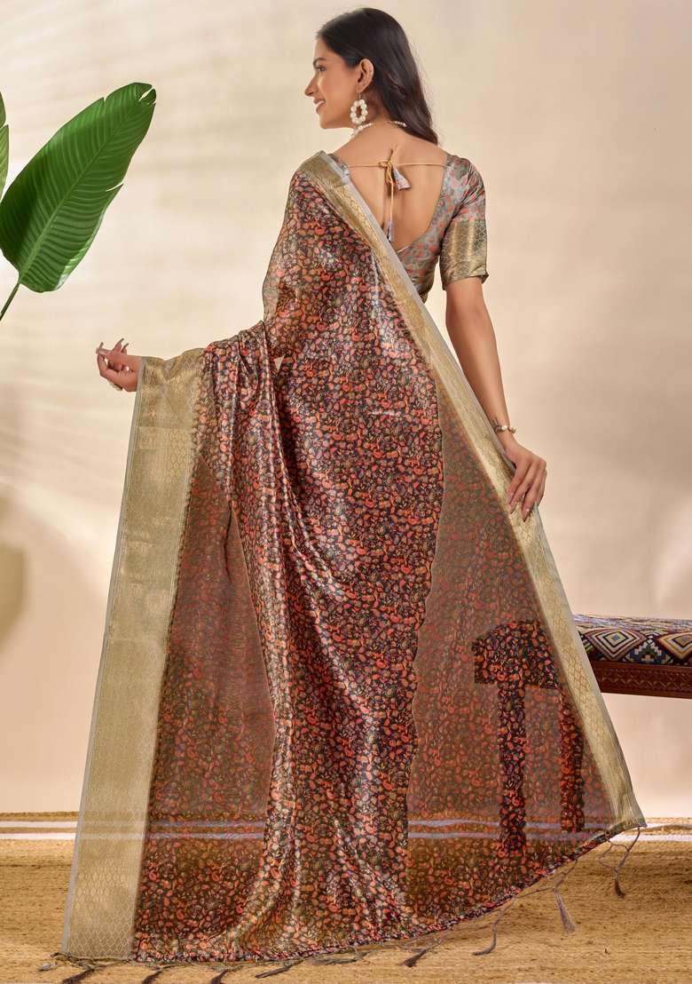 Multicolor Zari Work Silk Blend Saree Set for Diwali and Festive Wear - Indya