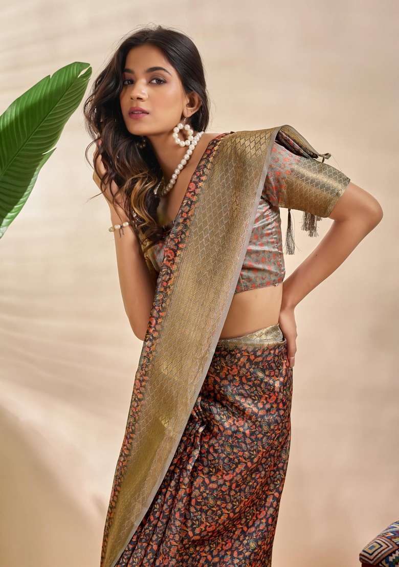 Multicolor Zari Work Silk Blend Saree Set for Diwali and Festive Wear - Indya