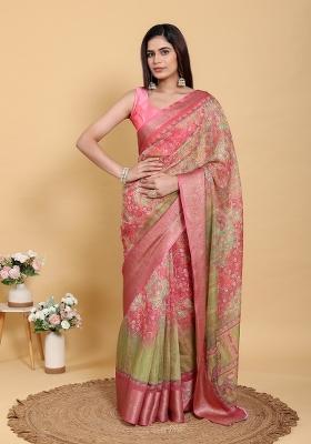 Peach Zari Work Silk Blend Saree Set
