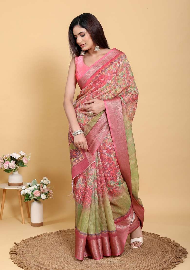 Peach Zari Work Silk Blend Saree Set for Diwali and Festive Wear - Indya