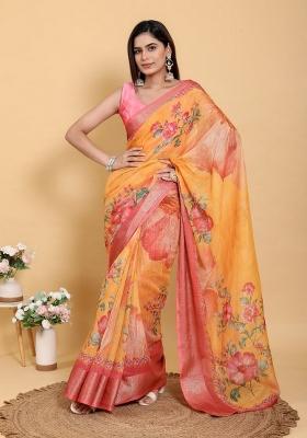 Orange Zari Work Silk Blend Saree Set