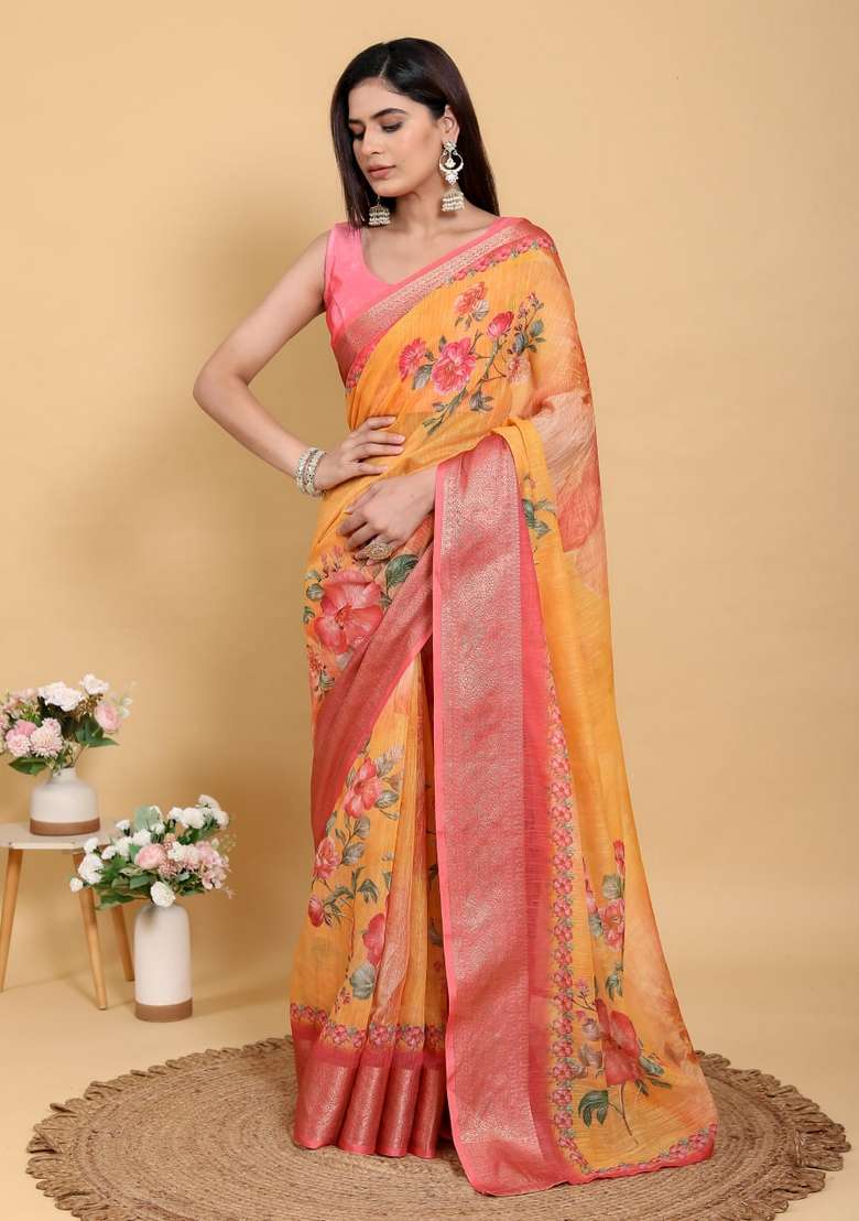 Orange Zari Work Silk Blend Saree Set for Diwali and Festive Wear - Indya