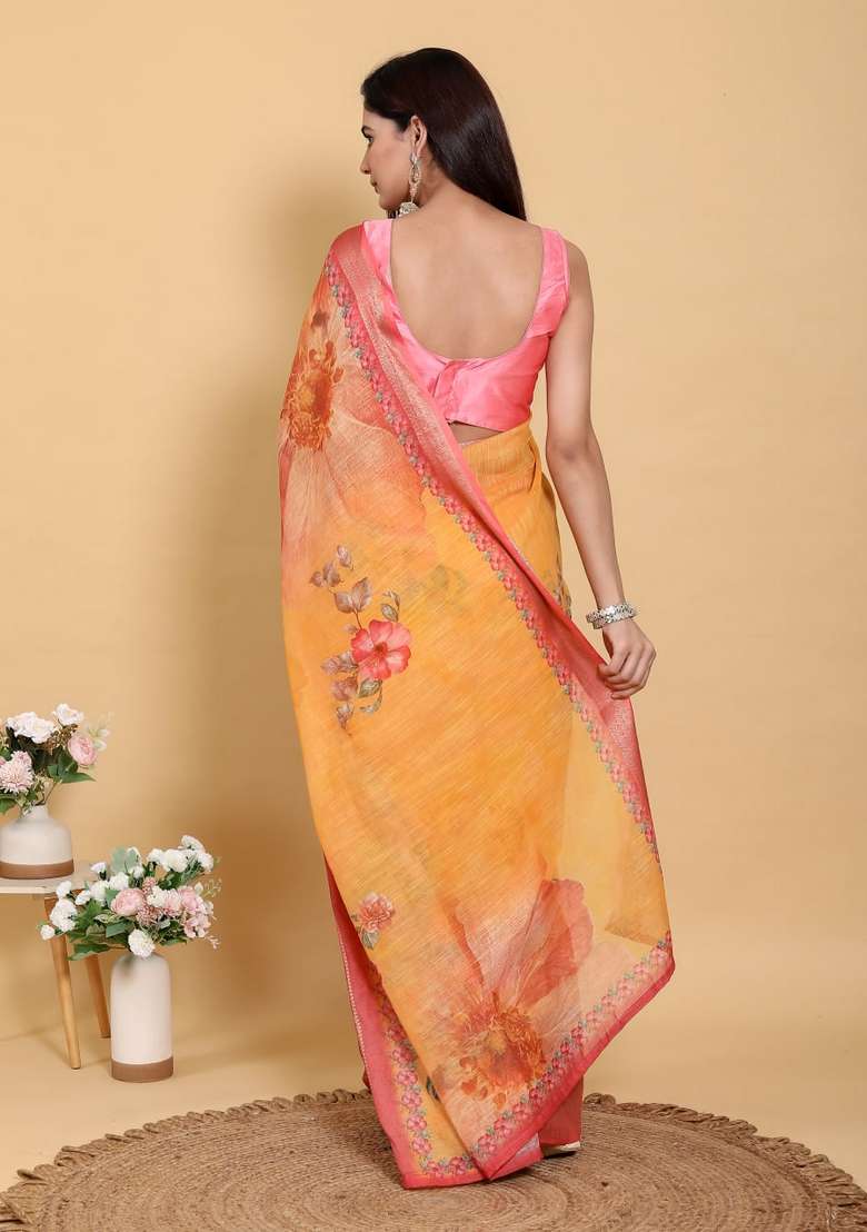 Orange Zari Work Silk Blend Saree Set for Diwali and Festive Wear - Indya