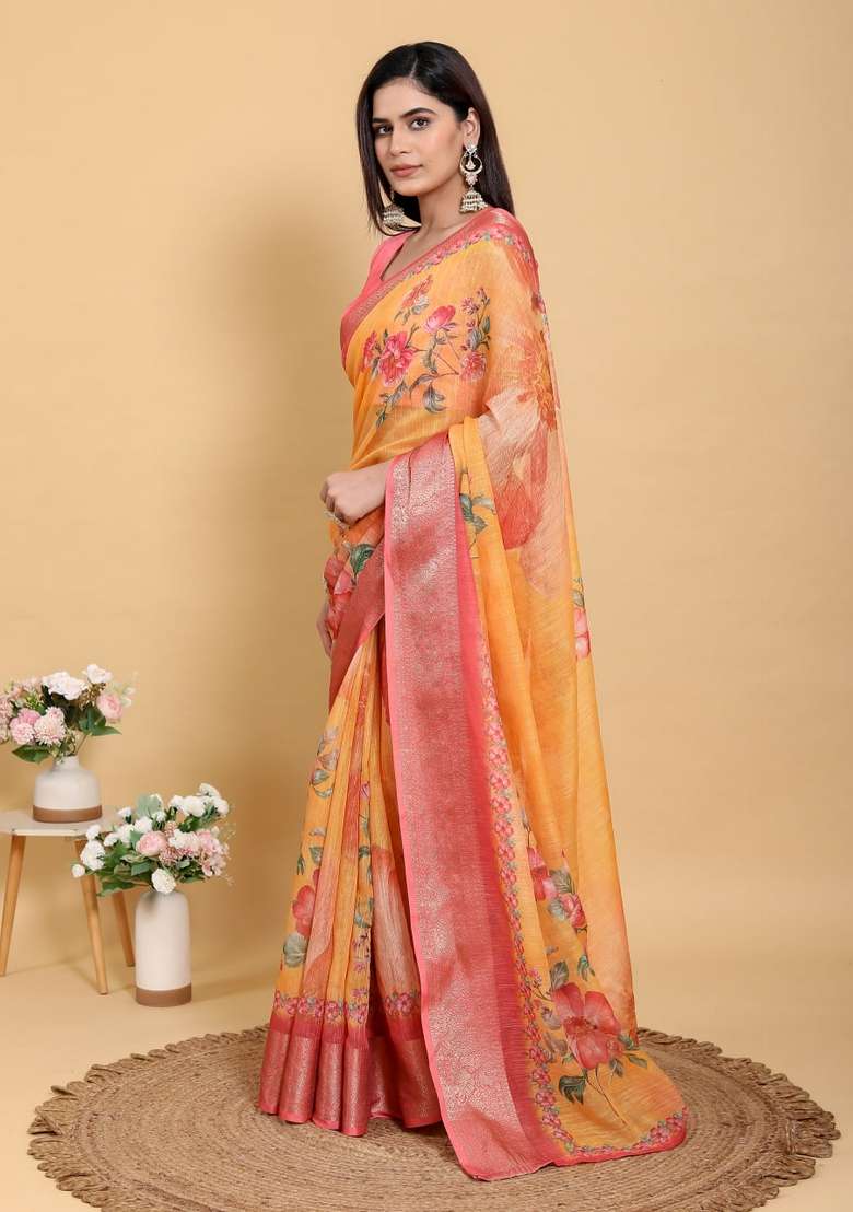 Orange Zari Work Silk Blend Saree Set for Diwali and Festive Wear - Indya