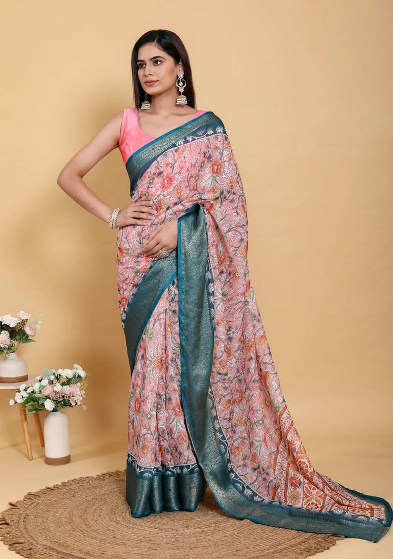Peach Silk Blend Saree Set with Zari Work for Diwali | Wedding & Festive Wear - Indya