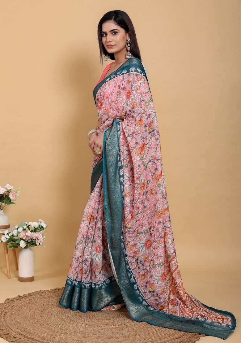 Peach Silk Blend Saree Set with Zari Work for Diwali | Wedding & Festive Wear - Indya
