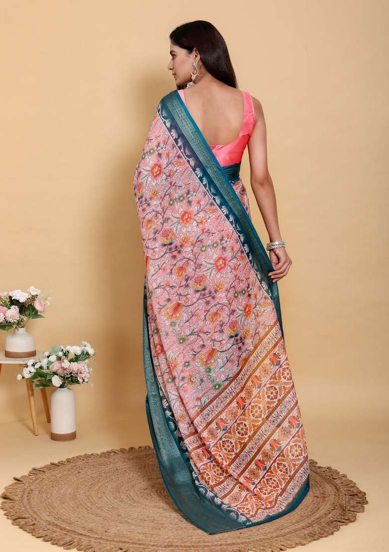 Peach Silk Blend Saree Set with Zari Work for Diwali | Wedding & Festive Wear - Indya