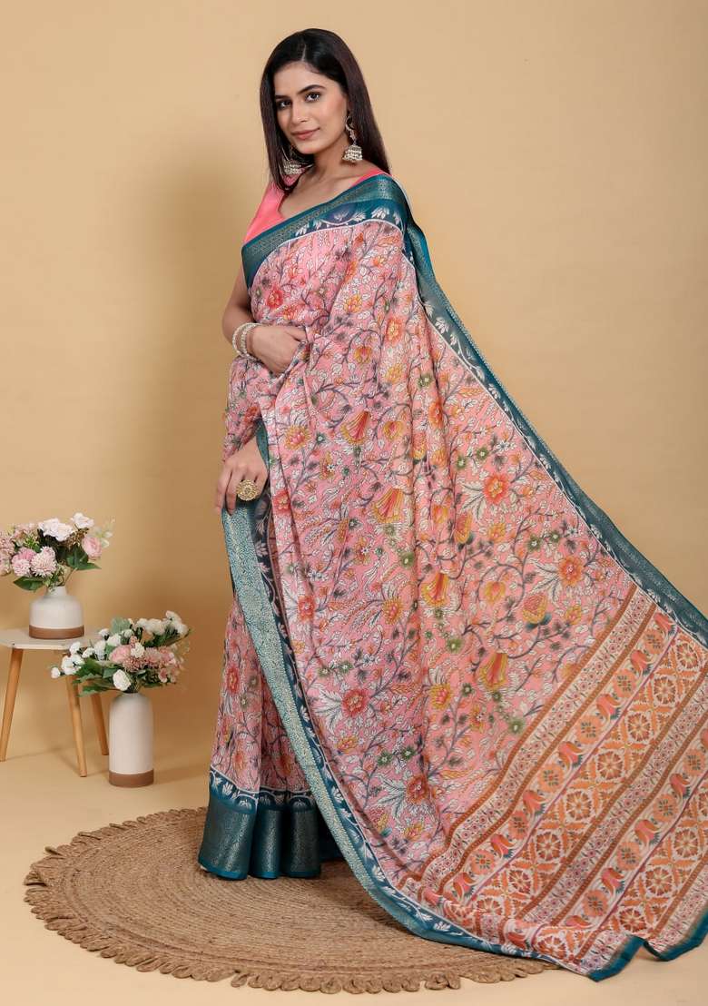 Peach Silk Blend Saree Set with Zari Work for Diwali | Wedding & Festive Wear - Indya