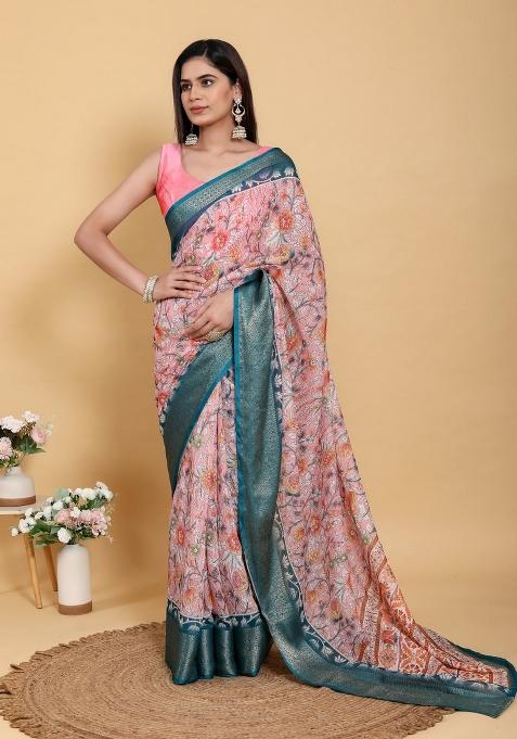 Peach Zari Work Silk Saree Set — view on Indya