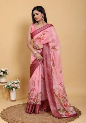 Baby Pink Zari Work Silk Blend Saree Set