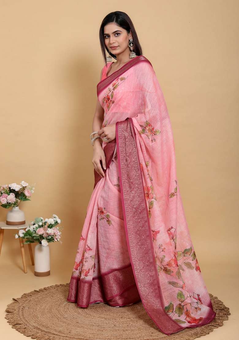 Baby Pink Zari Work Silk Blend Saree Set for Diwali and Festive Wear - Indya