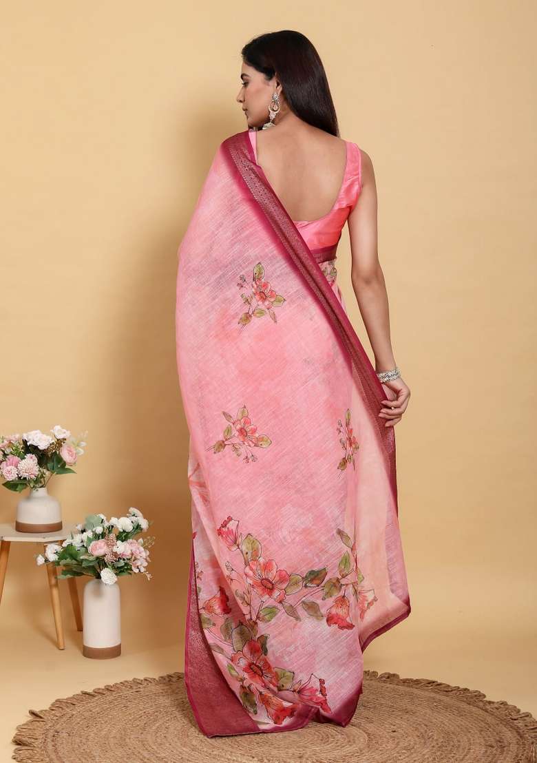 Baby Pink Zari Work Silk Blend Saree Set for Diwali and Festive Wear - Indya