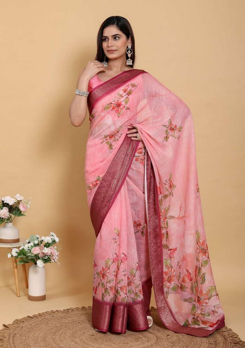 Baby Pink Zari Work Silk Blend Saree Set for Diwali and Festive Wear - Indya