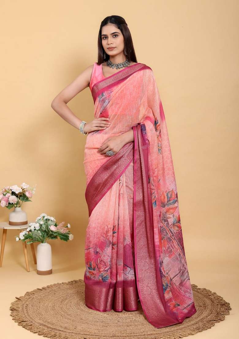 Peach Silk Blend Saree Set with Zari Work for Diwali | Wedding & Festive Wear - Indya