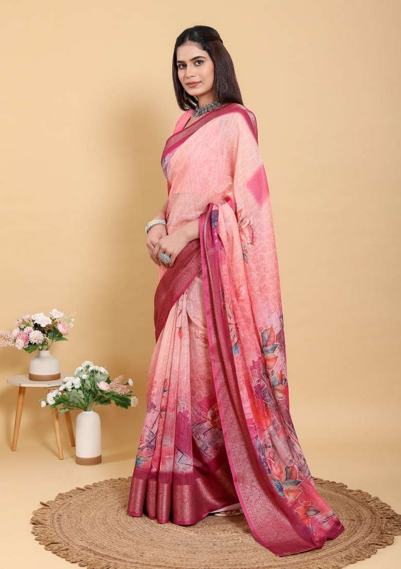 Peach Silk Blend Saree Set with Zari Work for Diwali | Wedding & Festive Wear - Indya