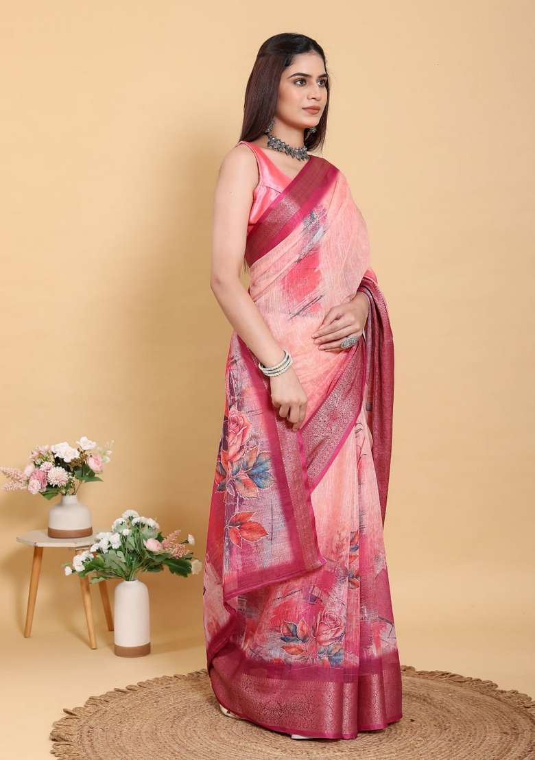 Peach Silk Blend Saree Set with Zari Work for Diwali | Wedding & Festive Wear - Indya