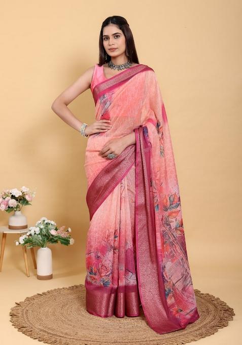 Peach Zari Work Silk Saree Set — view on Indya