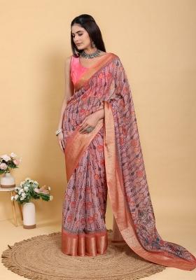 Baby Pink Zari Work Silk Blend Saree Set