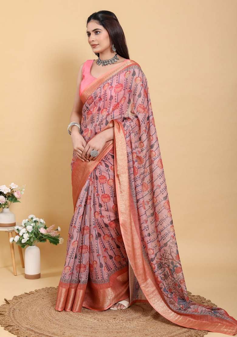 Baby Pink Zari Work Silk Blend Saree Set for Diwali and Festive Wear - Indya