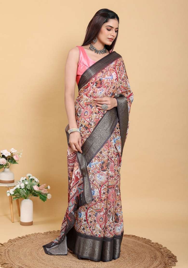 Multicolor Zari Work Silk Blend Saree Set for Diwali and Festive Wear - Indya