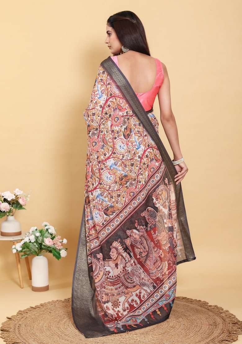 Multicolor Zari Work Silk Blend Saree Set for Diwali and Festive Wear - Indya