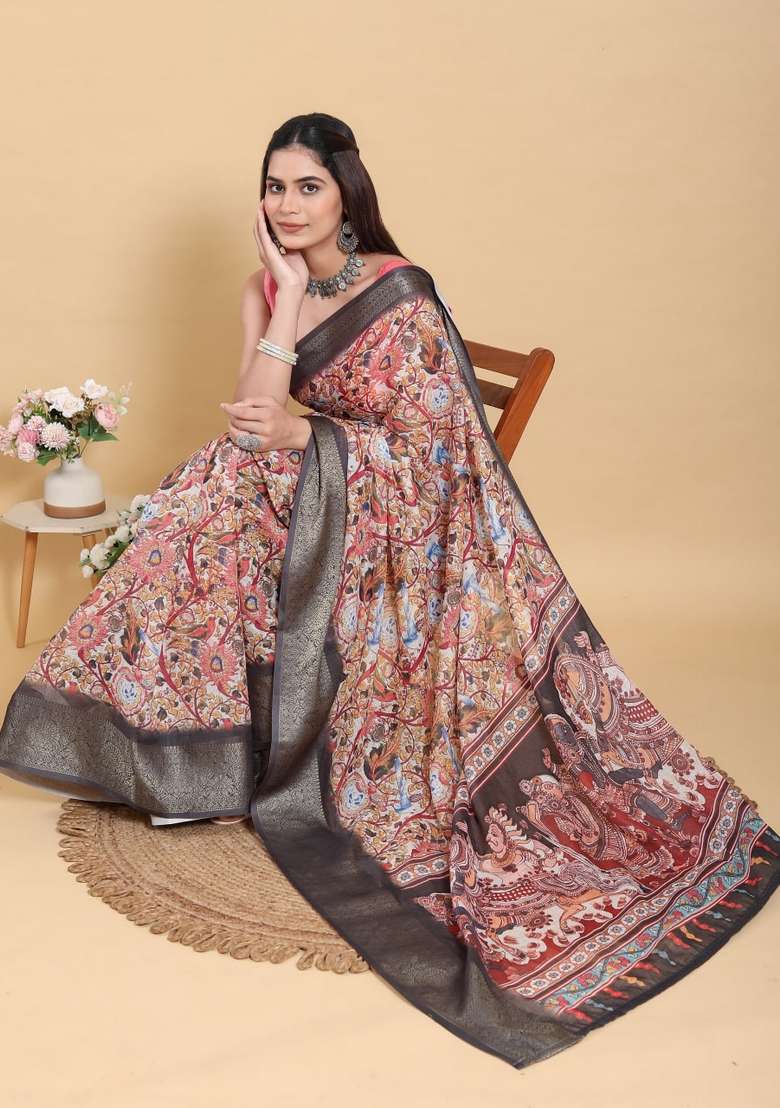 Multicolor Zari Work Silk Blend Saree Set for Diwali and Festive Wear - Indya